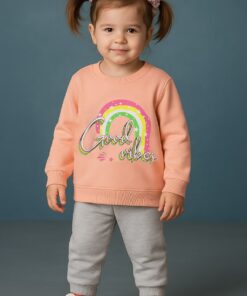 Βρεφικό Σετ Χοντρές Φόρμες Φούτερ, Μπλουζίτσα και Παντελονάκι με Σχέδιο Ουράνιο Τόξο "Good Vibes" - Σομόν