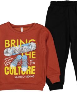 Βρεφικό Σετ Χοντρές Φόρμες Φούτερ, Μπλουζίτσα και Παντελονάκι με Σχέδιο Πατίνι "Bring The Culture" - Κεραμιδί