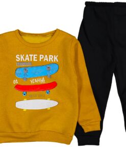 Βρεφικό Σετ Χοντρές Φόρμες Φούτερ, Μπλουζίτσα και Παντελονάκι με Σχέδιο Πατίνια "Skate Park" - Μουσταρδί