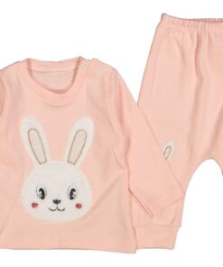 Σετ Μπλουζίτσα και Παντελονάκι με Σχέδιο Φατσούλα Λαγουδάκι Σομόν