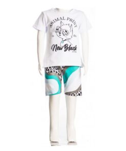 Joyce Σετ Μπλουζίτσα και Παντελονάκι Βερμούδα με Σχέδιο Στρας Γατούλα με Γυαλιά "Animal Print" Άσπρο (13748)