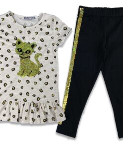 Σετ Μπλουζίτσα και Παντελονάκι Κολάν με Σχέδιο Γατουλα με Πούλιες Μπεζ