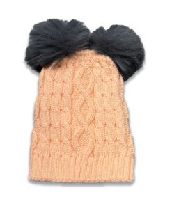 Σκουφάκι Χειμωνιάτικο Πλεκτό με Μαύρα Γούνινα Πον Πον Πορτοκλί