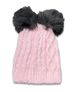 Σκουφάκι Χειμωνιάτικο Πλεκτό με Μαύρα Γούνινα Πον Πον Ροζ