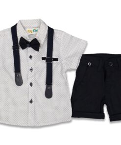 Σετ Κοντομάνικο Πουκαμισάκι με Τιράντες, Αποσπώμενο Παπιγιόν και Καμπαρντινέ Βερμούδα Άσπρο