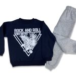 Παιδικό Σετ Χοντρές Φόρμες Φούτερ, Μπλούζα και Παντελόνι με Σχέδιο Αετό "Rock And Roll" - Σκούρο Μπλε