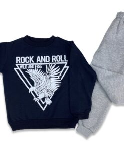 Παιδικό Σετ Χοντρές Φόρμες Φούτερ, Μπλούζα και Παντελόνι με Σχέδιο Αετό "Rock And Roll" - Σκούρο Μπλε