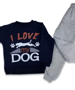 Παιδικό Σετ Χοντρές Φόρμες Φούτερ, Μπλούζα και Παντελόνι με Σχέδιο "I Love My Dog" Σκούρο Μπλε
