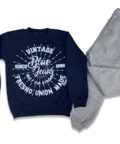 Παιδικό Σετ Χοντρές Φόρμες Φούτερ, Μπλούζα και Παντελόνι με Σχέδιο "Vintage Blue Jeans" Σκούρο Μπλε