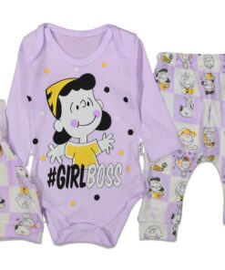 Βρεφικό Σετ Κορμάκι με Παντελονάκι και Σκουφάκι με Ήρωα Κινουμένων Σχεδίων "#Girl Boss" - Λιλά 54230