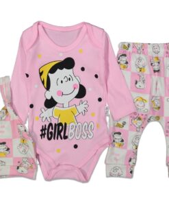 Βρεφικό Σετ Κορμάκι με Παντελονάκι και Σκουφάκι με Ήρωα Κινουμένων Σχεδίων "#Girl Boss" - Ροζ 54225