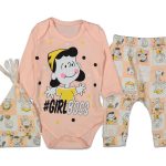 Βρεφικό Σετ Κορμάκι με Παντελονάκι και Σκουφάκι με Ήρωα Κινουμένων Σχεδίων "#Girl Boss" - Σομόν 54234