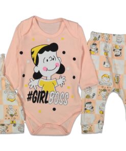 Βρεφικό Σετ Κορμάκι με Παντελονάκι και Σκουφάκι με Ήρωα Κινουμένων Σχεδίων "#Girl Boss" - Σομόν 54234