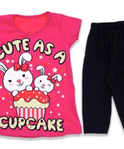 Σετ Μπλουζίτσα και Παντελονάκι Κολάν Κάπρι με Σχέδιο Γλυκάκι και Λαγουδάκια "Cute as a Cupcake" Κοραλί