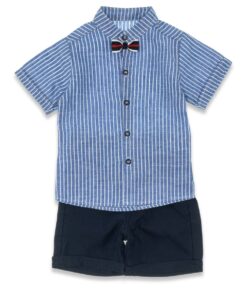 Σετ Κοντομάνικο Πουκάμισο Ριγέ με Παπιγιόν και Σορτσάκι - Γαλάζιο