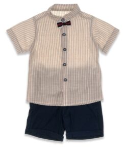 Σετ Κοντομάνικο Πουκάμισο Ριγέ με Παπιγιόν και Σορτσάκι - Μπεζ