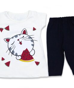 Σετ Μπλούζα και Παντελονάκι Κάπρι με Σχέδιο Γατούλα "Yummy" - Άσπρο