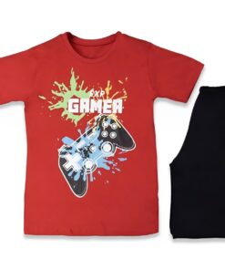 Σετ Κοντομάνικη Μπλούζα και Βερμούδα με Σχέδιο "Exp Gamer" - Κόκκινο