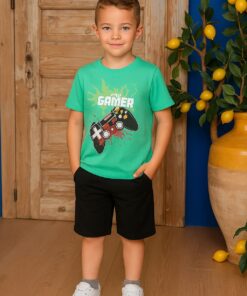 Σετ Κοντομάνικη Μπλούζα και Βερμούδα με Σχέδιο "Exp Gamer" - Βεραμάν