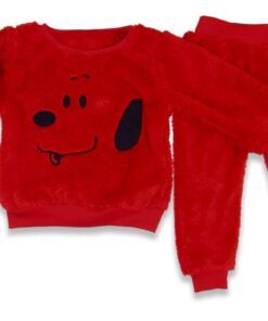Βρεφικό Χειμερινό Σετ, Μπλουζίτσα και Παντελονάκι Fleece με Σχέδιο Φατσούλα Σκυλάκι - Κόκκινο