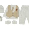 Βρεφικό Σετ 6 κομμάτια με Μπλουζίτσα με Ενιαία Γραβάτα, Γιλεκάκι, Παντελονάκι , Σκουφάκι, Γαντάκια και Παπουτσάκια - Μπεζ (78005)