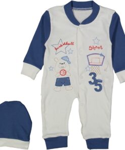 Φορμάκι Βρεφικό με Σχέδιο Αρκουδάκι με Μπασκέτα, με Σκουφάκι και Ανοιχτά Ποδαράκια – Σκούρο Μπλε (82048)