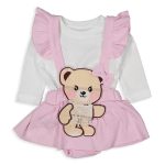 Βρεφική Φούστα Σαλοπέτα με Κάλυμμα Πάνας Βρακάκι και Μακρυμάνικη Μπλούζα με Σχέδιο Αρκουδάκι - Ροζ (81822)