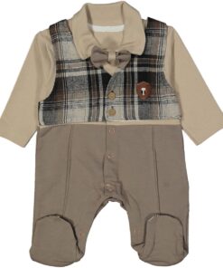 Φορμάκι Εξόδου Βρεφικό Ενιαίο με Γιλέκο Καρό και Παπιγιόν - Μπεζ (82397)