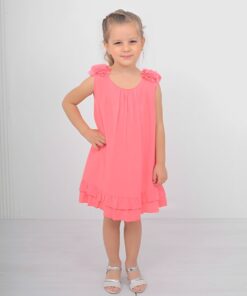 Παιδικό Φόρεμα Αμάνικο Μονόχρωμο με Σχέδιο Λουλούδι - Κοραλί (85412)