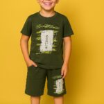 Παιδικό Σετ Κοντομάνικη Μπλούζα και Βερμούδα με Σχέδιο "Action Plan" - Χακί (85903)