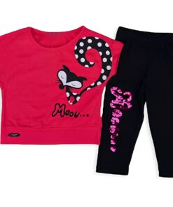 Παιδικό Σετ Μπλούζα Crop Top και Παντελονάκι Κολάν Κάπρι με Σχέδιο Γατούλα και Πούλιες - Φουξ (85294)