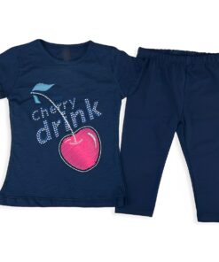 Παιδικό Σετ Μπλούζα και Παντελόνι Κολάν Κάπρι με Σχέδιο Κερασάκι και Στρασάκια "Cherry Drink" - Σκούρο Μπλε (85227)