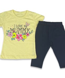 Παιδικό Σετ Μπλούζα και Παντελόνι Κολάν Κάπρι με Σχέδιο Λουλουδάκια και Στρασάκια "I Love My Mummy" - Κίτρινο (5275)