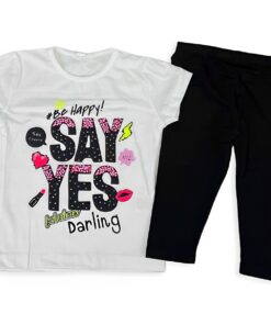 Παιδικό Σετ Μπλούζα και Παντελόνι Κολάν Κάπρι με Σχέδιο Στάμπα και Στρασάκια - Άσπρο (85221)