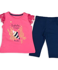 Παιδικό Σετ Μπλούζα και Παντελόνι Κολάν Κάπρι με Σχέδιο Στάμπα και Χρυσόσκονη - Ροζ (85442)