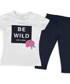 Παιδικό Σετ Μπλούζα και Παντελόνι Κολάν Κάπρι με Σχέδιο Τριαντάφυλλο "Be Wild" - Άσπρο (85199)