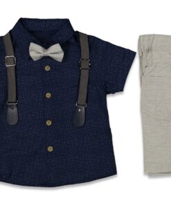 Σετ Κοντομάνικο Πουκαμισάκι με Τιράντες, Αποσπώμενο Παπιγιόν και Καμπαρντινέ Βερμούδα - Γκρι (86660)