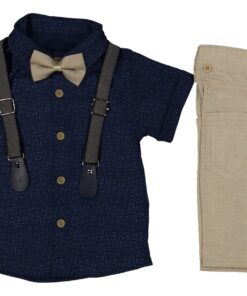 Σετ Κοντομάνικο Πουκαμισάκι με Τιράντες, Αποσπώμενο Παπιγιόν και Καμπαρντινέ Βερμούδα - Μπεζ (84809)