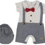 Βρεφικό Φορμάκι Κοντομάνικο Ενιαίο σε Σχέδιο Παντελόνι με Τιράντες και Μπλούζα με Καπέλο και Παπιγιόν - Γκρι (85977)