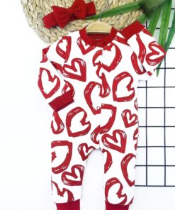 Βρεφικό Φορμάκι με Σχέδιο Καρδούλες και Κορδέλα για το Κεφάλι - Άσπρο (86309)