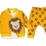 Βρεφικό Σετ Μπλούζα με Παντελονάκι και Ζακέτα με Σχέδιο Λιονταράκι - Κίτρινο (85077)