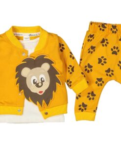 Βρεφικό Σετ Μπλούζα με Παντελονάκι και Ζακέτα με Σχέδιο Λιονταράκι - Κίτρινο (85077)