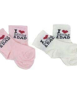 Παιδικές Καλτσούλες Δύο (2) Ζευγάρια Μονόχρωμες "I Love Mom And Dad" - Ροζ, Άσπρο (88199)