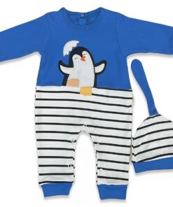 Βρεφικό Φορμάκι με Σχέδιο Πιγκουίνο και Σκουφάκι για το Κεφάλι - Μπλε (87746)