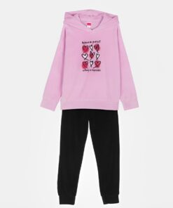 Joyce Παιδικό Χειμερινό Βελουτέ Σετ, Μπλούζα και Παντελόνι με Σχέδιο Καρδούλες - Ροζ (89281)