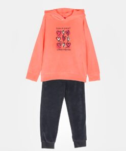 Joyce Παιδικό Χειμερινό Βελουτέ Σετ, Μπλούζα και Παντελόνι με Σχέδιο Καρδούλες - Σομόν (89272)