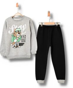 Παιδικό Σετ Χοντρές Φόρμες Φούτερ, Μπλούζα και Παντελόνι με Σχέδιο Τίγρη - Γκρι (90568)