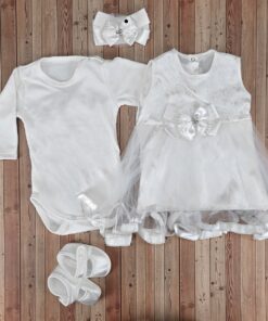 Σετ 4 κομμάτια με Κορμάκι, Φορεματάκι, Παπουτσάκια και Κορδελίτσα - Άσπρο (89992)
