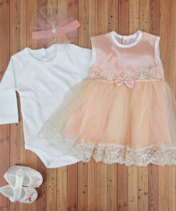 Σετ 4 κομμάτια με Κορμάκι, Φορεματάκι, Παπουτσάκια και Κορδελίτσα - Σομόν (89986)