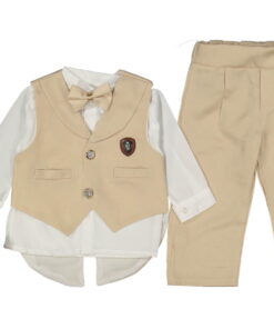 Βρεφικό Σετ 5 Kομμάτια με Πουκάμισο με Αποσπώμενο Παπιγιόν, Γιλέκο Φράκο, Παντελονι και Παπουτσάκια - Μπεζ (89935)